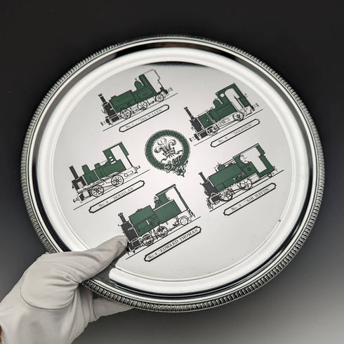 英国ヴィンテージ クロムプレート製 トレイ 機関車デザイン 直径30cm